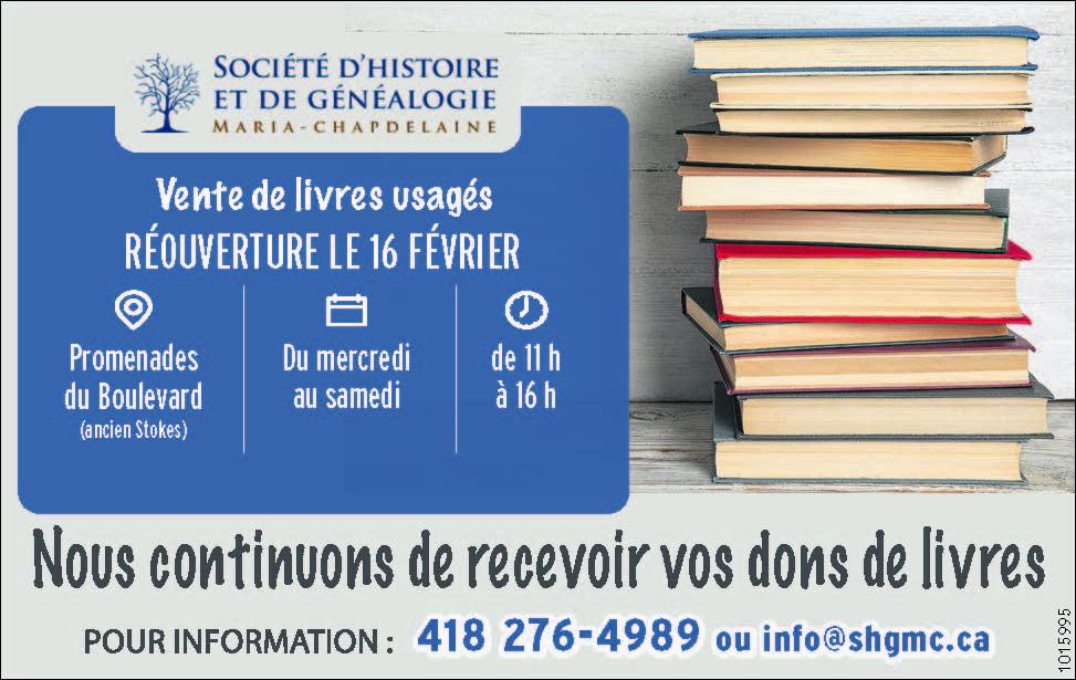 Publicité annonçant le retour de la vente de livres usagés de la Société d'histoire dès le 16 février 2022 aux Promenades du Boulevard, Dolbeau-Mistassini.
